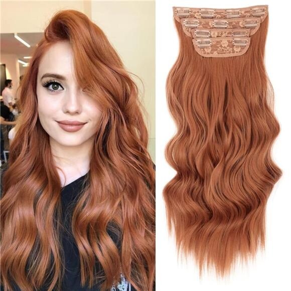 4PCS Clip in Long Soft Hair Extensions Synthetic Dark Auburn Brown